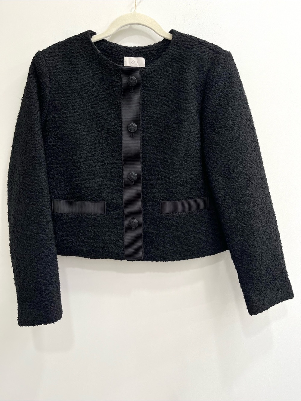 Loft textured black tweed lady jacket blazer decorative buttons preppy old money